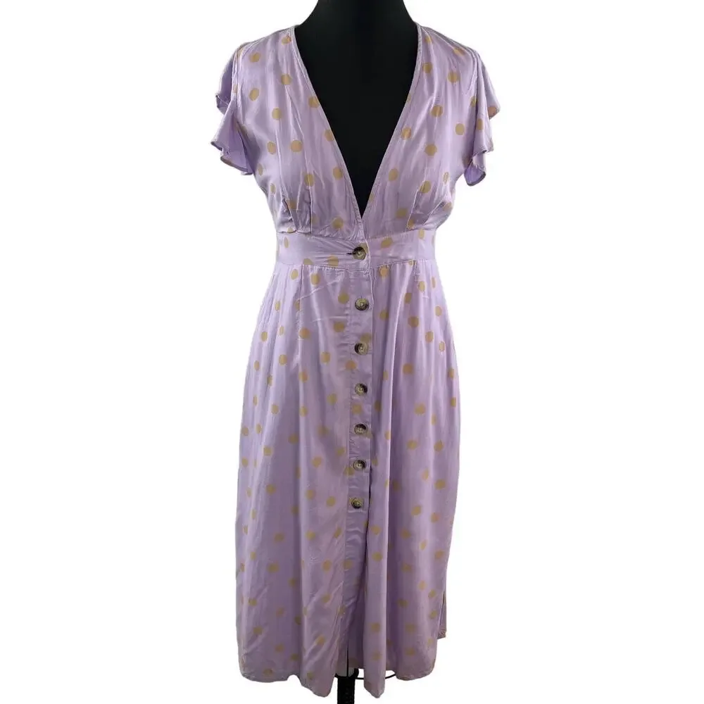 L Space Jordan Polka Dot V-Neck Flutter Sleeve Button-Front Dress Lilac Purple S - Picture 3 of 9